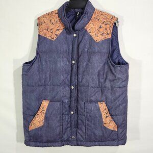 Crazy Train Women XL Blue Puffer Vest Southwestern Floral Trim Button-Up Pockets